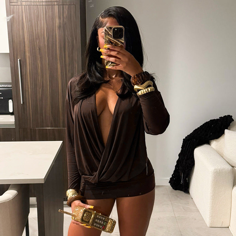 Women's Autumn Street Sexy Deep V Bat Sleeves Long Sleeve Dress 22