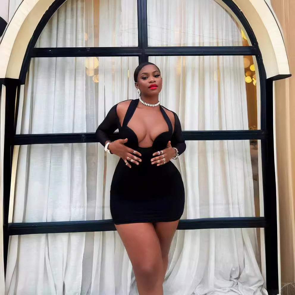 Women Halter Neck Sexy Mesh Patchwork Long Sleeve Bodycon Dress 7