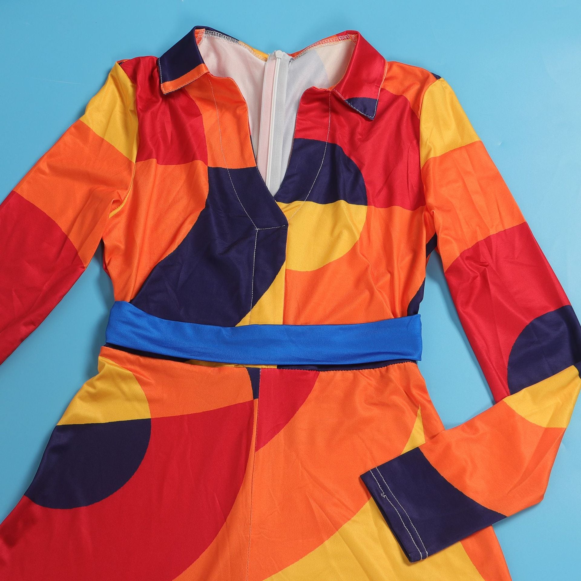 Sexy Slim Deep V Printed Wide Leg Turndown Collar Slim Waist Long Sleeve Jumpsuit 22