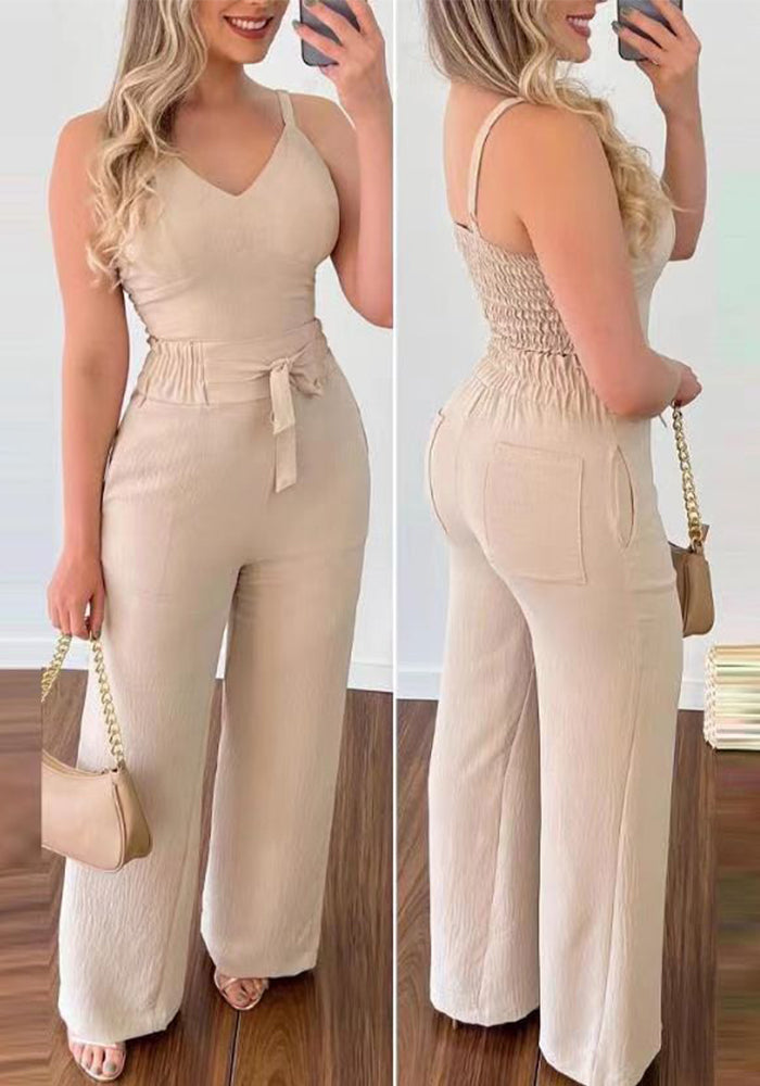 Summer Sexy Low-Back Strap V-Neck Short Vest & Drawstring High-Waist Straight-Leg Trousers Casual Set