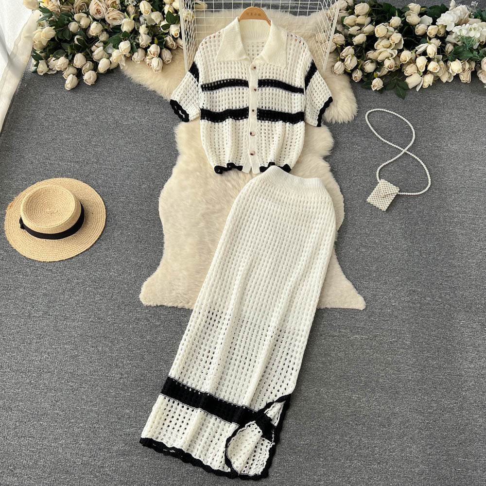 Spring/Summer Holidays Set for Women Turndown Collar Short-Sleeve Loose Top + Slit Skirt Two-Piece Set 5