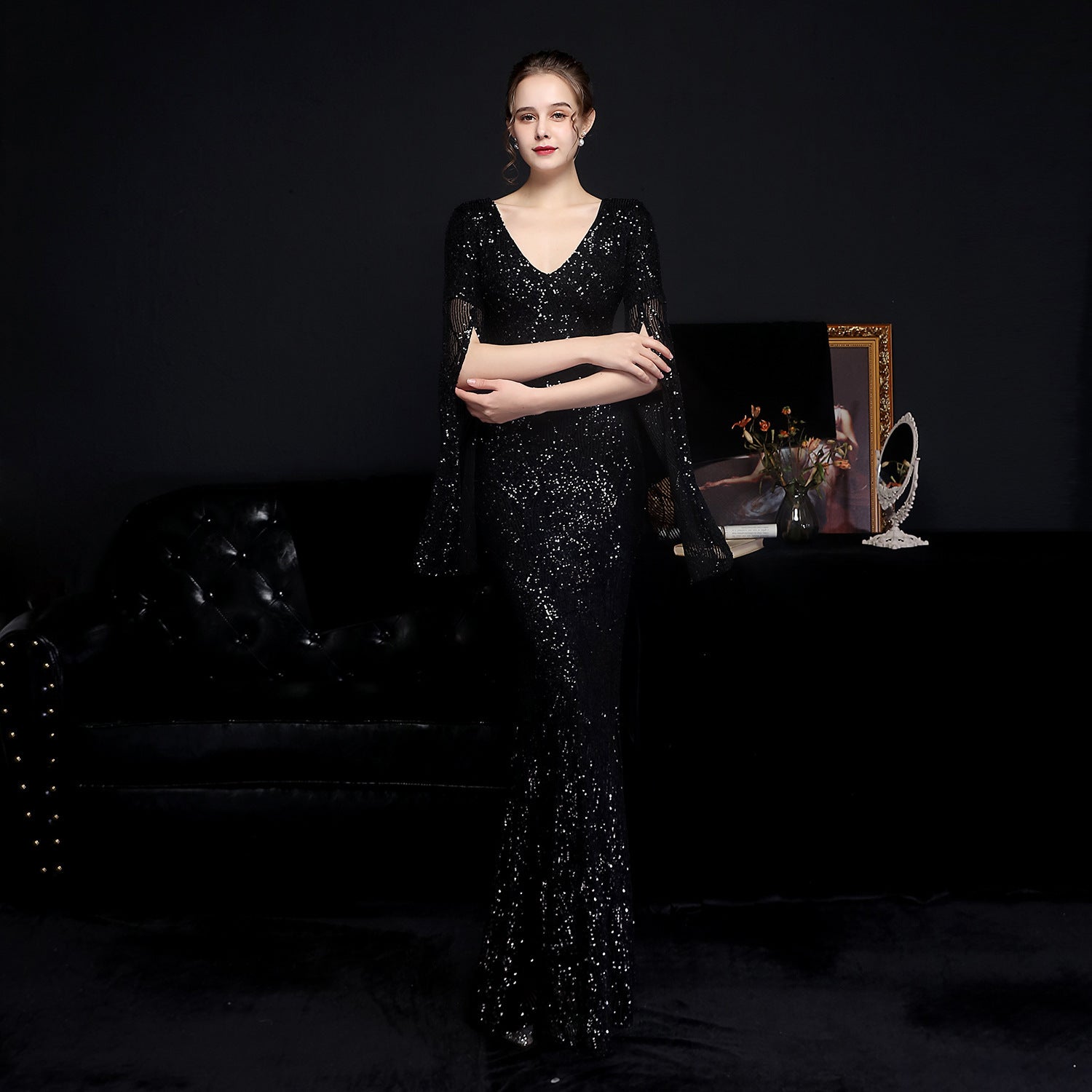 Autumn occasional sheer sequin V-Neck mermaid evening dress 11