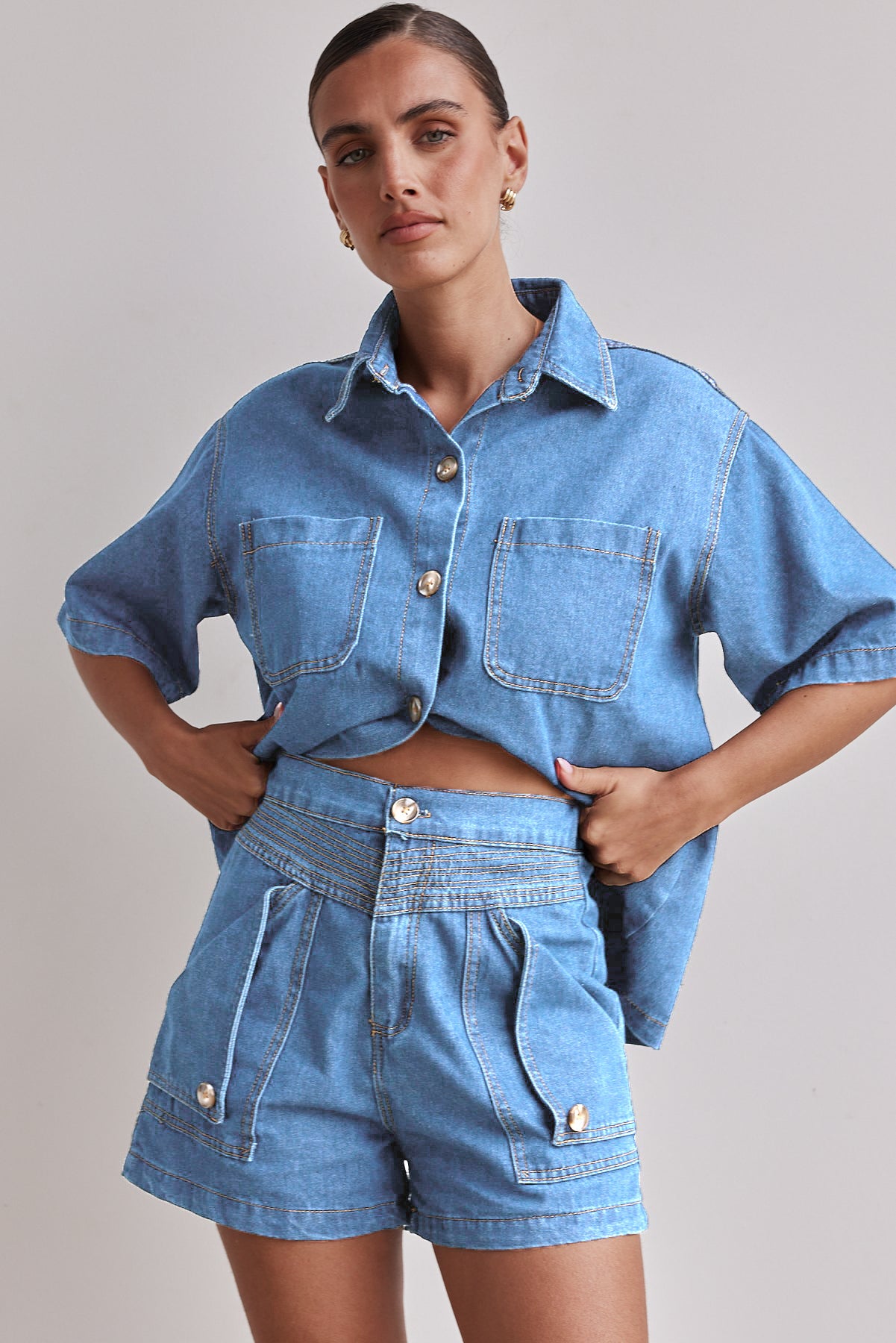 Summer Women's Casual Loose Denim Shirt Shorts Set 4