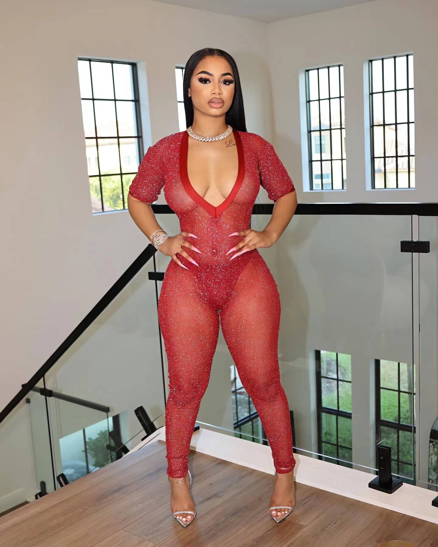 Women's Fashion Sexy Transparent V-Neck Jumpsuit 3