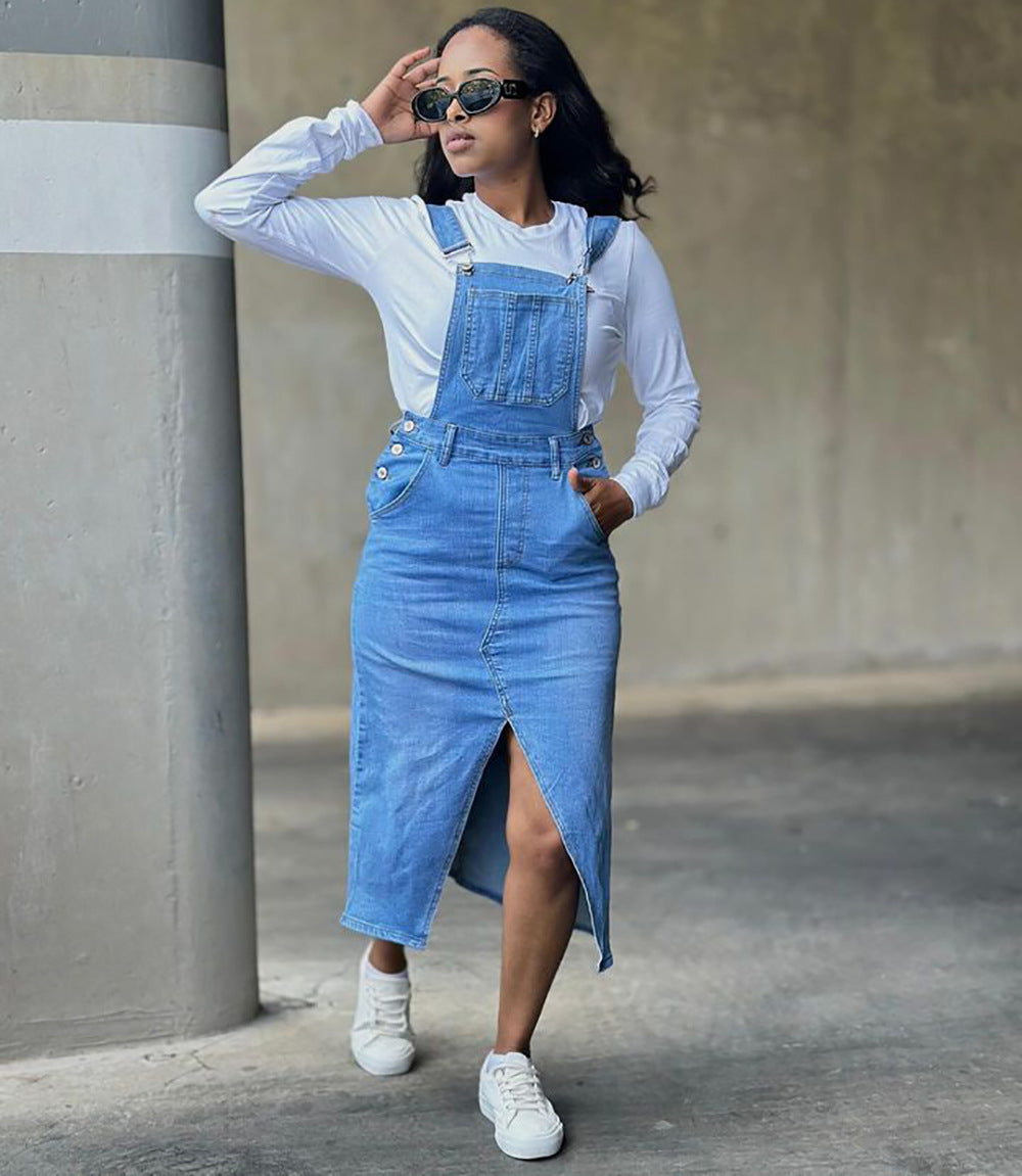 Women Street Pocket Slit Denim Suspender Skirt 3
