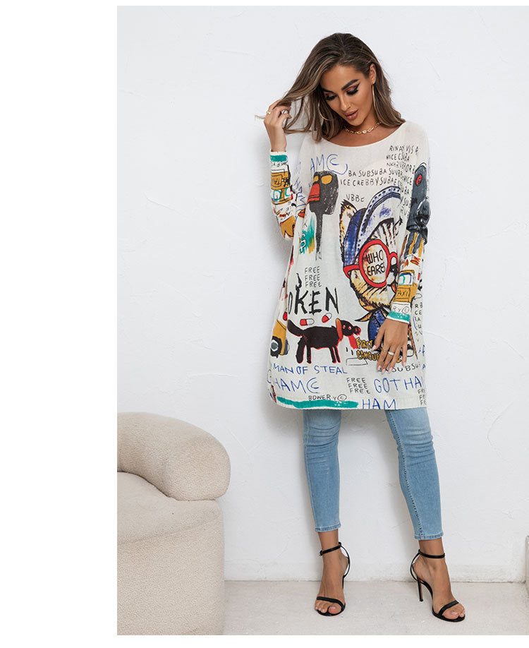 Plus Size Cartoon Print Sweater Long Sleeve Women Casual Pullover Loose Knitting Shirt Top 6