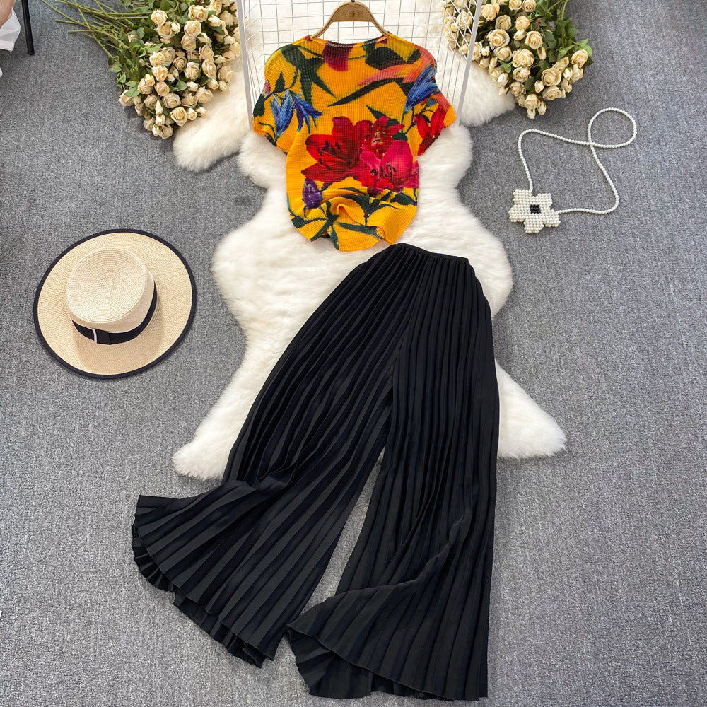 Fashion Women's Short Sleeve Printed Pleated Top High Waisted Slim Fit Wide Leg Pants Two-Piece Set 6