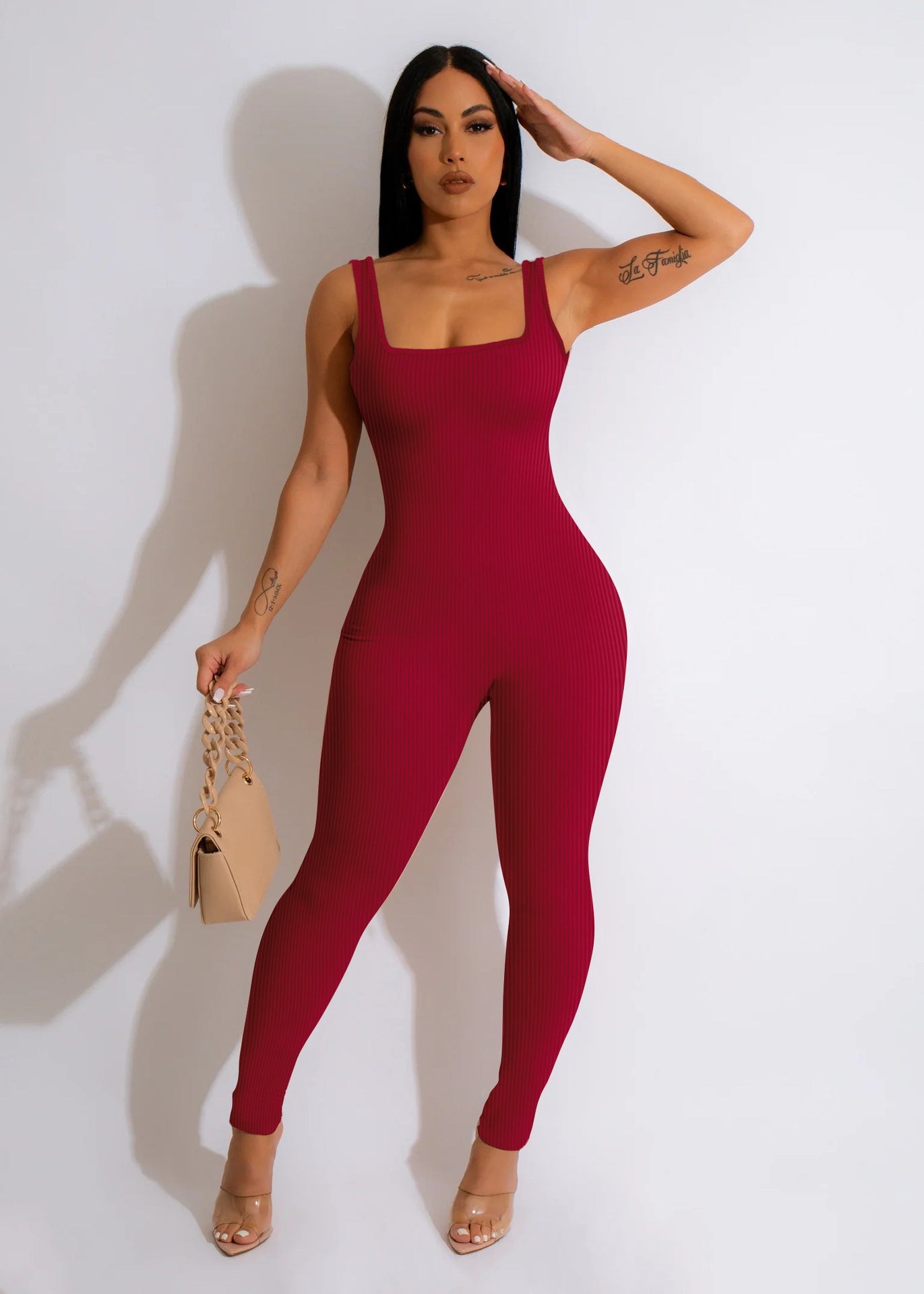 Women'S Solid Color Sleeveless Ribbed Square Neck Low Back Butt Lift Slim Fit Jumpsuit 3