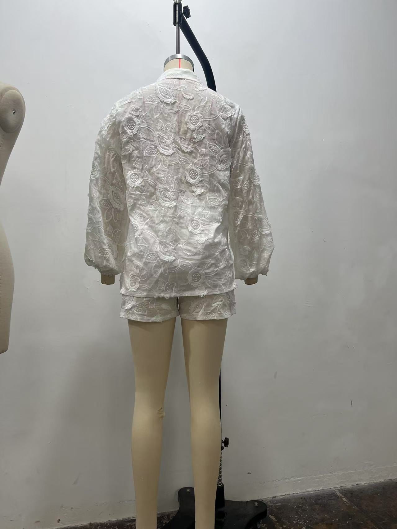 Women's Fashion Sexy White Lace Embroidery See-Through Shirt High Waist Shorts Two Piece Set 7