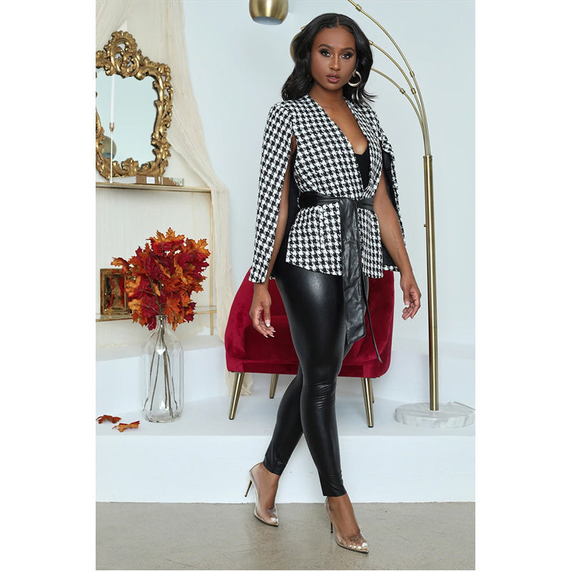 Women Autumn Printed Strappy Casual Cape Jacket 4