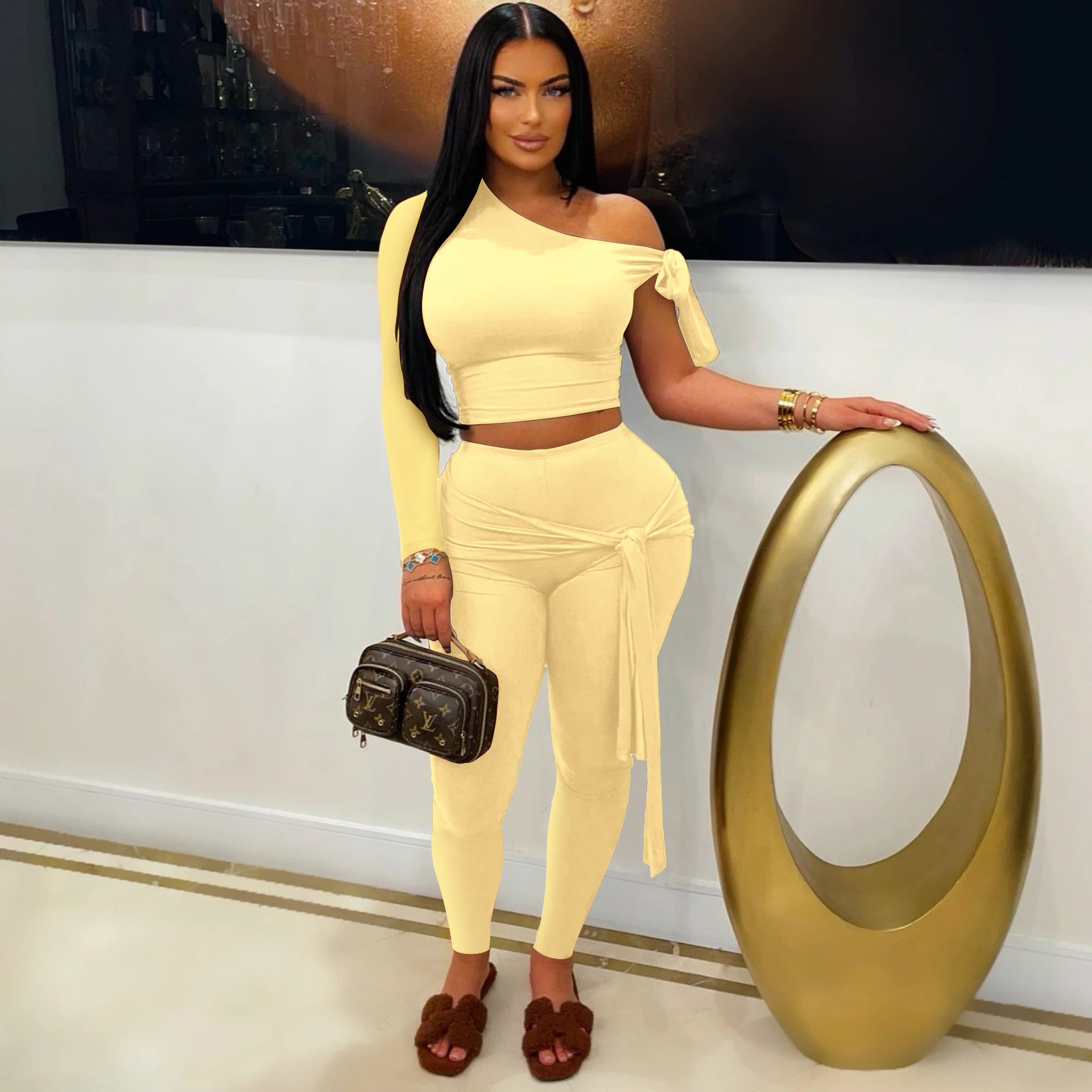 Women Sexy Single Long Sleeve Top and Long Pants Two-Piece Set 13