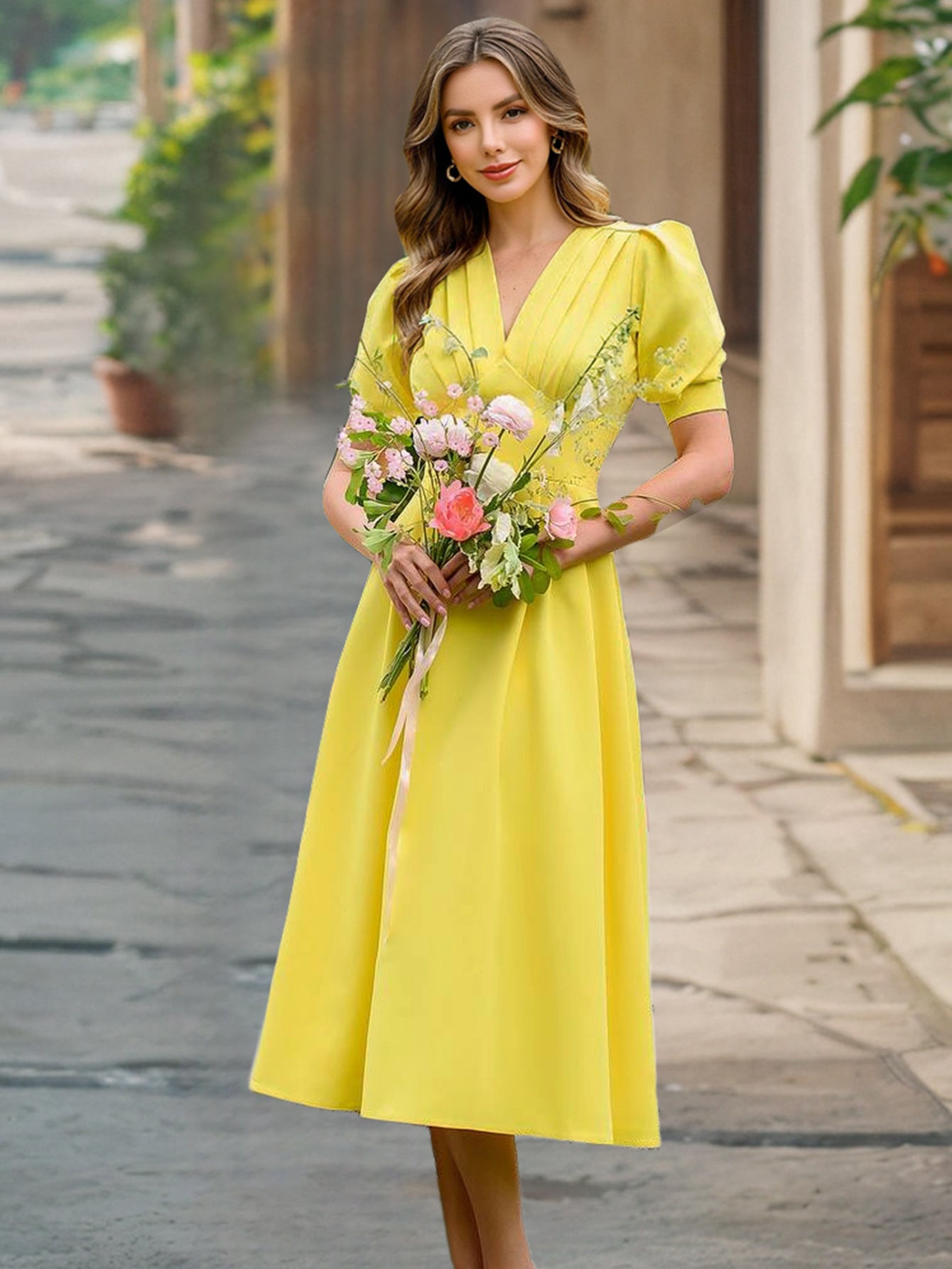 Summer solid color v-neck lantern sleeve slim dress 3