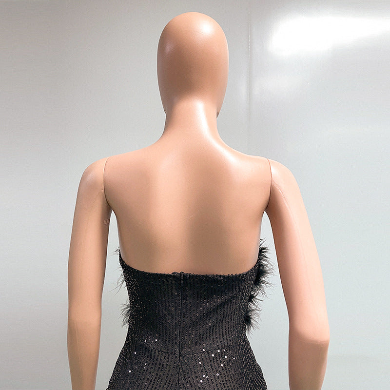 Bell Bottom Feather Strapless Sexy Fashion Jumpsuit 36