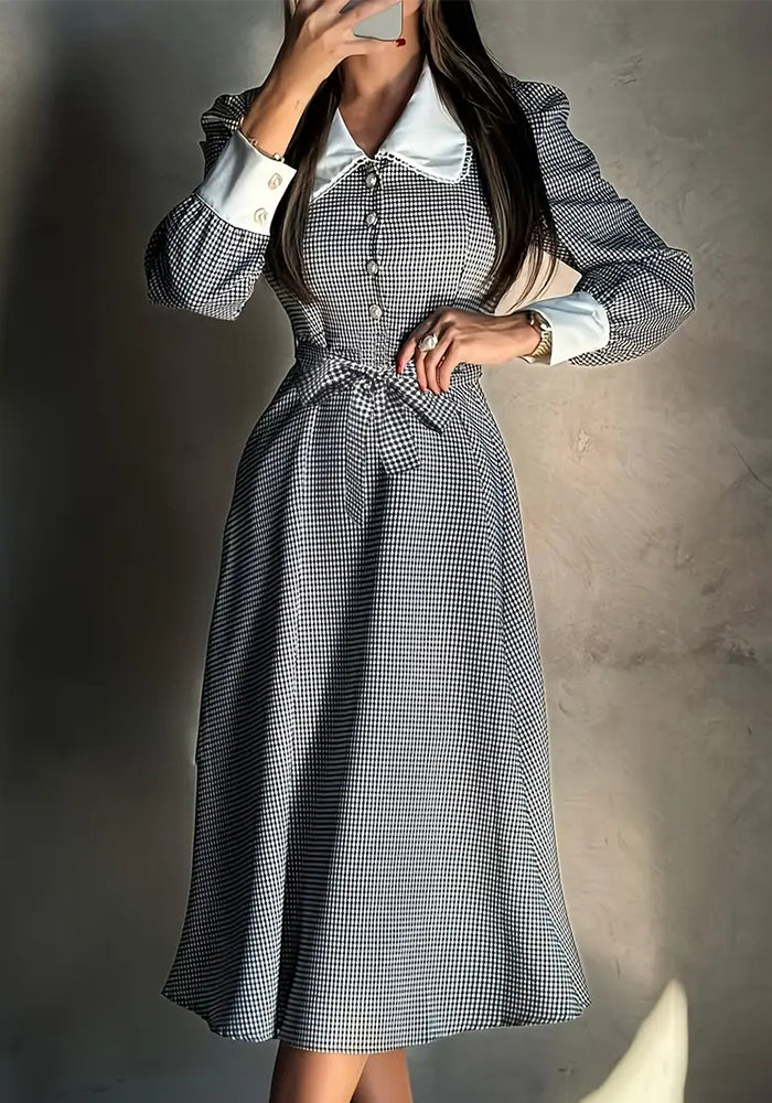 Women French Elegant Houndstooth Autumn Lace-Up Dress