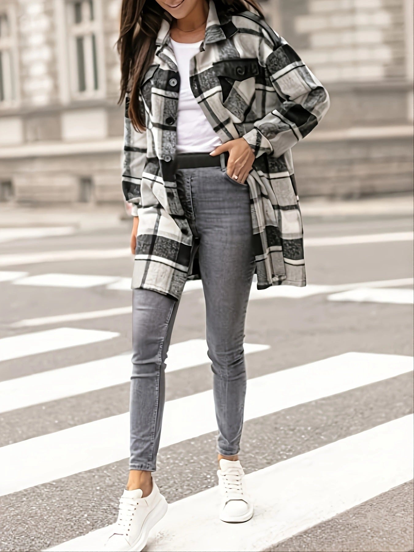 Women autumn and winter long-sleeved plaid Turndown Collar jacket 4