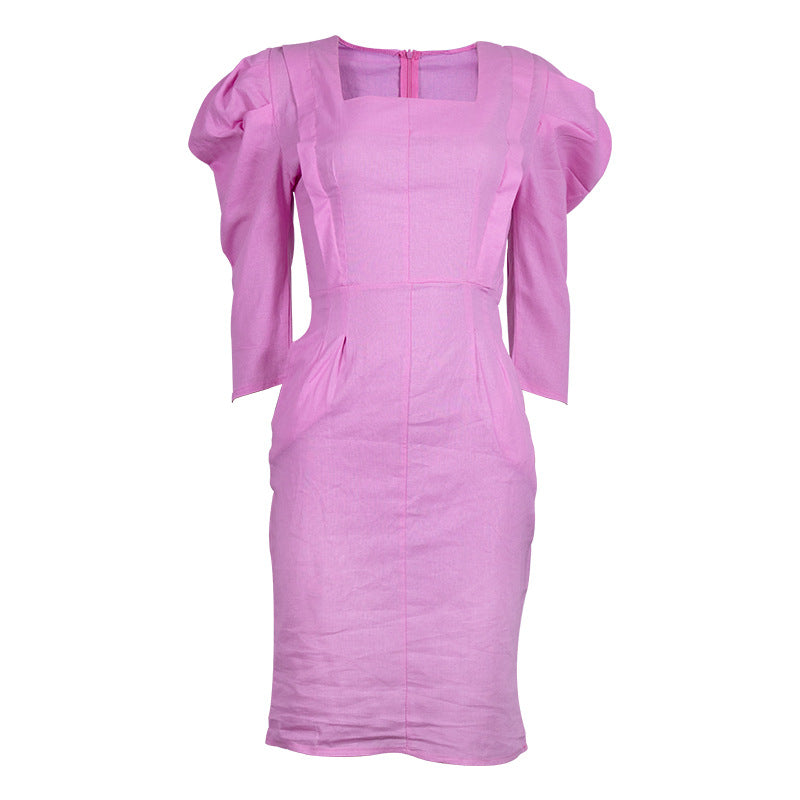 Women Long Sleeve Square Neck Solid Dress 9