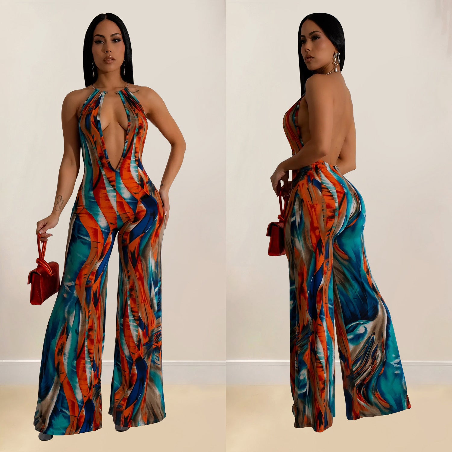 Women Printed Sleeveless V Neck Color Block Backless Jumpsuit