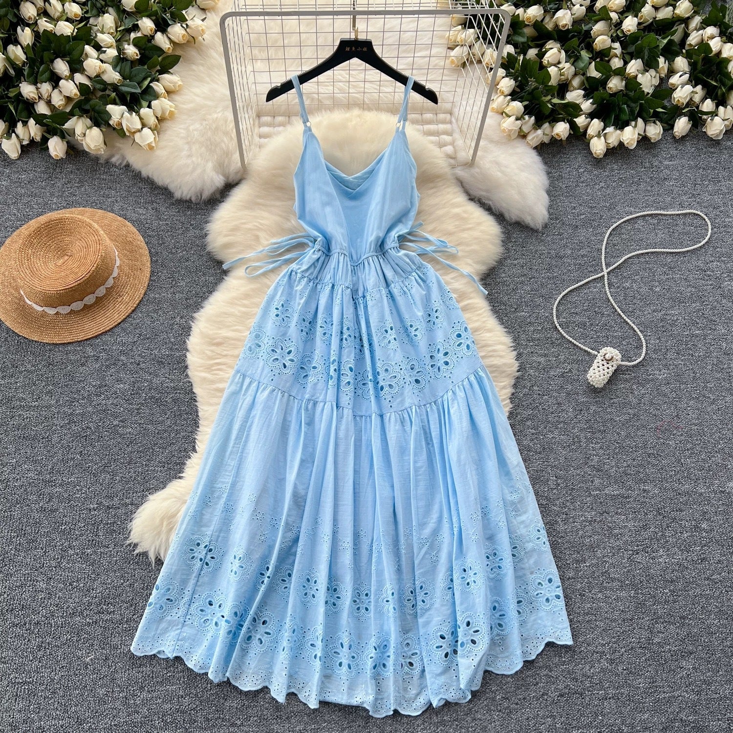 Women Summer Lace-Up Cutout Embroidery Holidays Strappy Dress 8