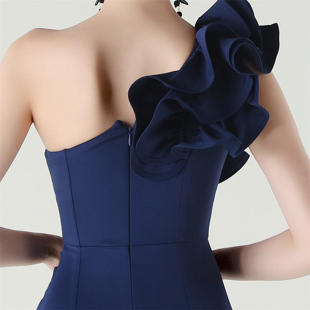 Women One-Shoulder Beaded Wool and Floral Satin Slit Sexy Evening Dress 53