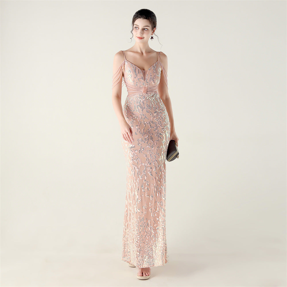Beaded Sequin Fishtail Evening Dress Wedding Formal Party Gown 13