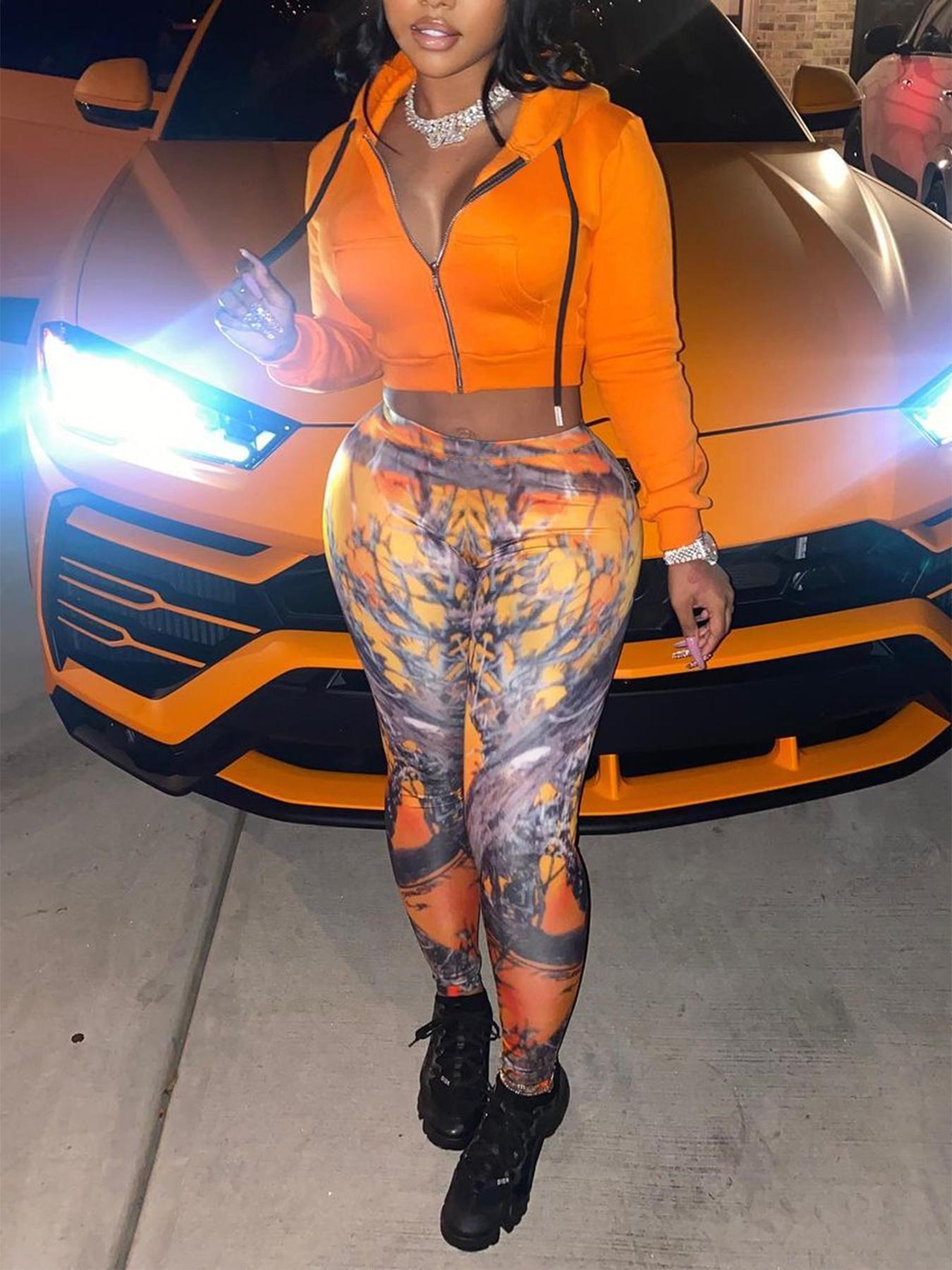 Women Casual Zipper Long Sleeve Top and Print Pants Two-Piece Set 7