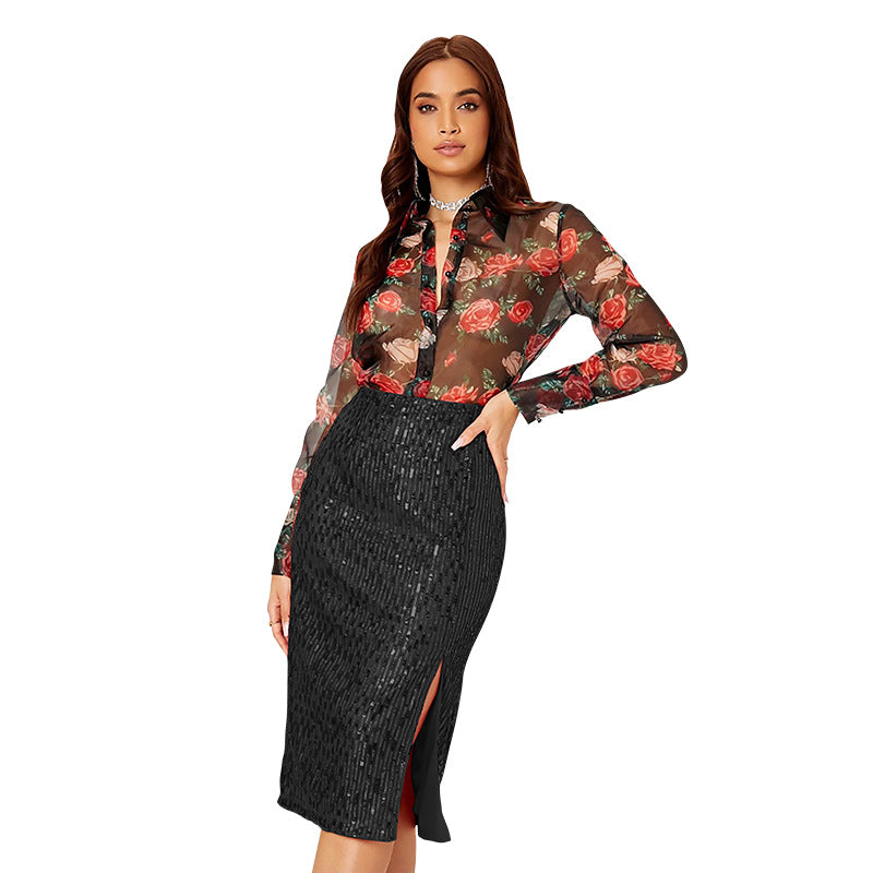 Women Slit Bodycon Sequined Skirt 20