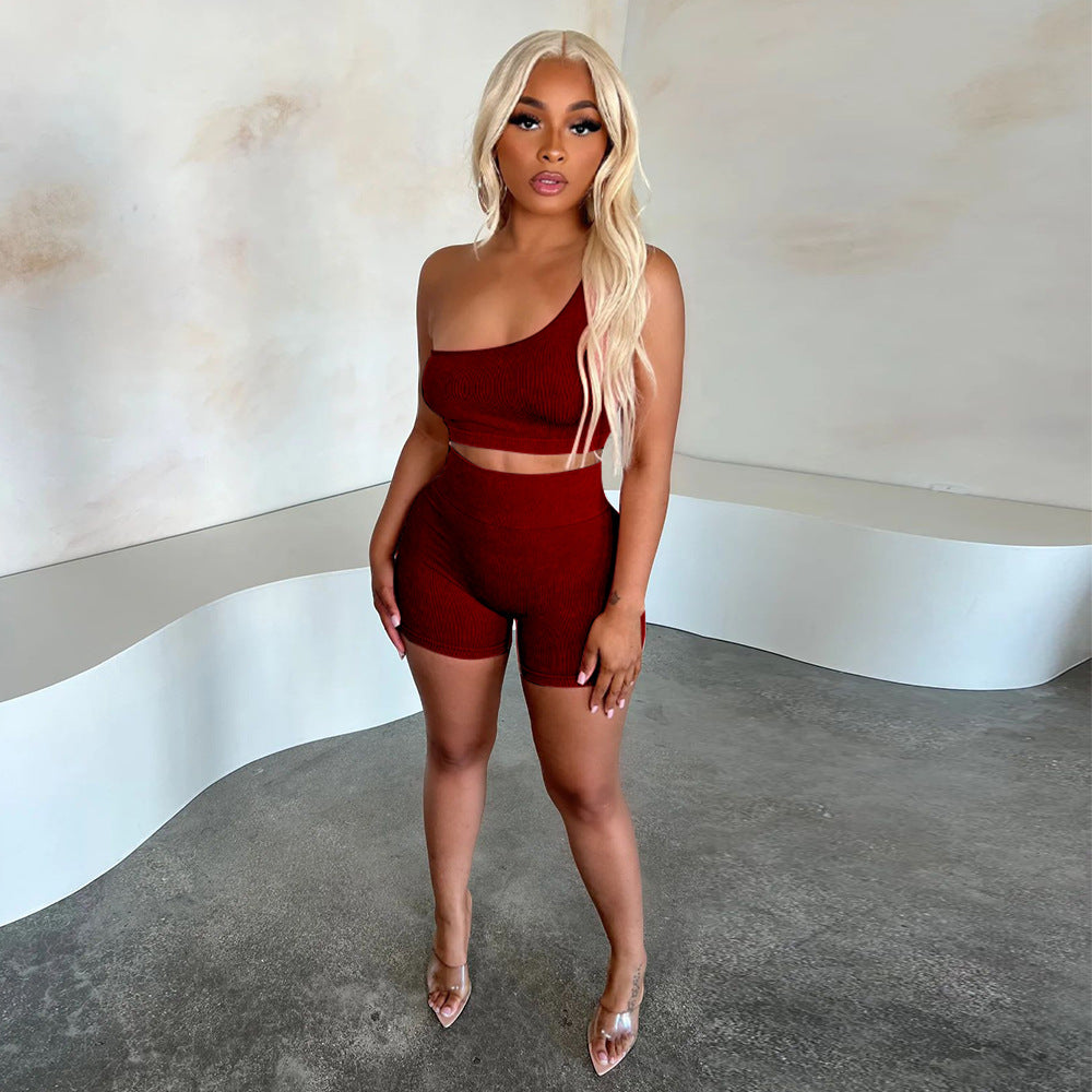 Slash Shoulder Sleeveless High-Rise Shorts Casual Tracksuit 3