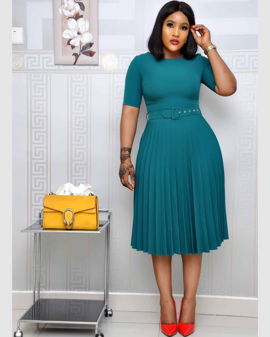 Plus Size Women Summer African Mom Short Sleeve Round Neck Solid Pleated Dress 4