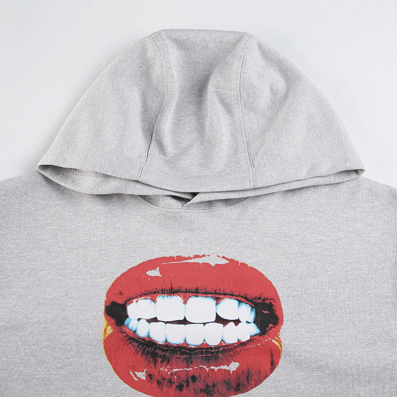 Women American Street Sports Long Sleeve Loose Big Red Lip Crop Hoodies 11