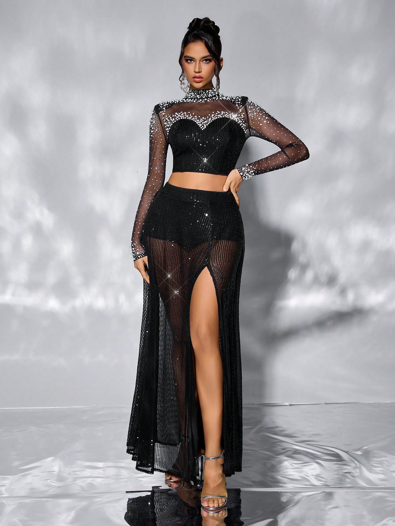 Women's Beaded Patchwork Mesh See-Through Long-Sleeve Low-Waist Flared High-Slit Skirt Set 4