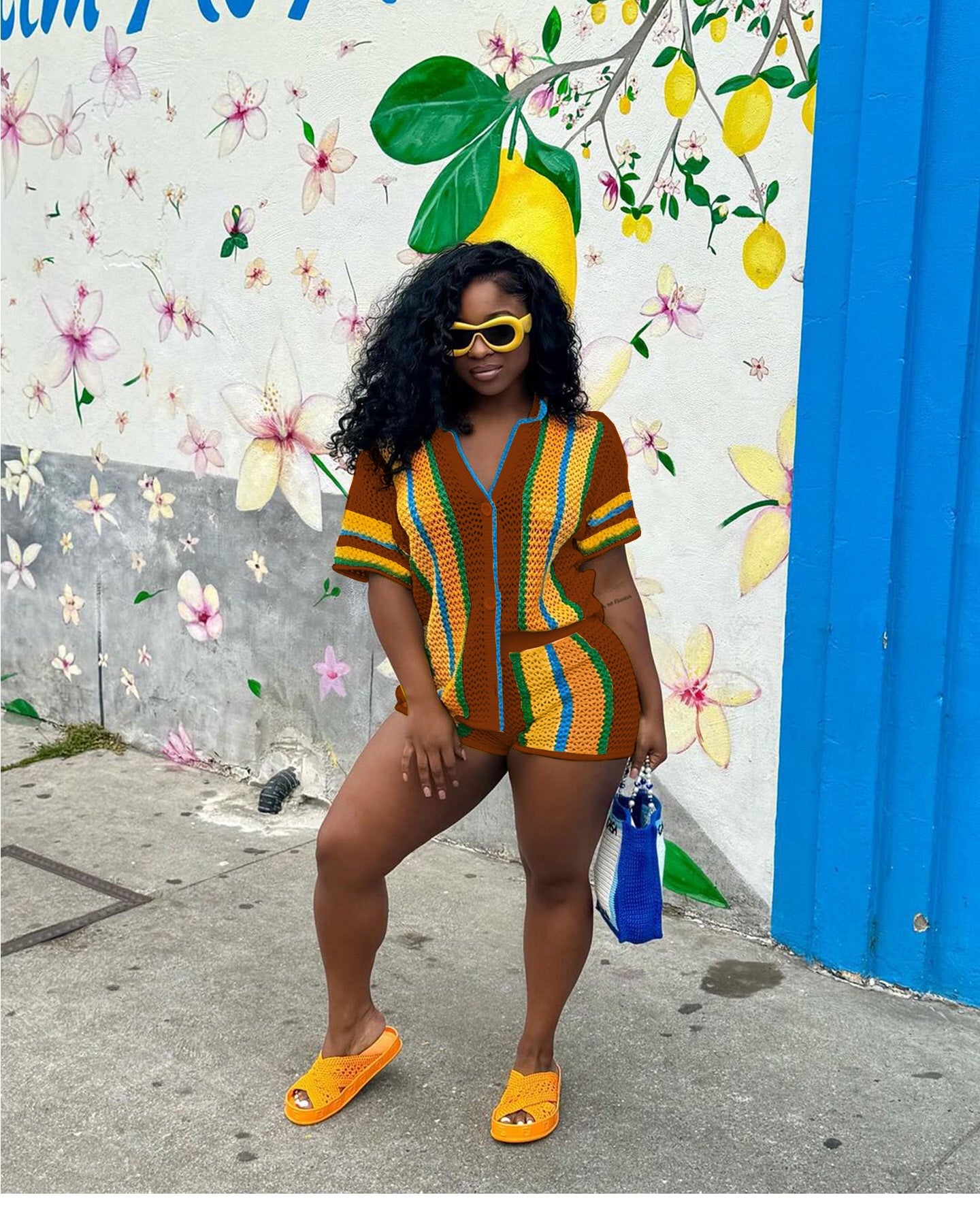 Women's Sexy Hollow See-Through Turndown Collar Knitting Two Piece Shorts Set 10