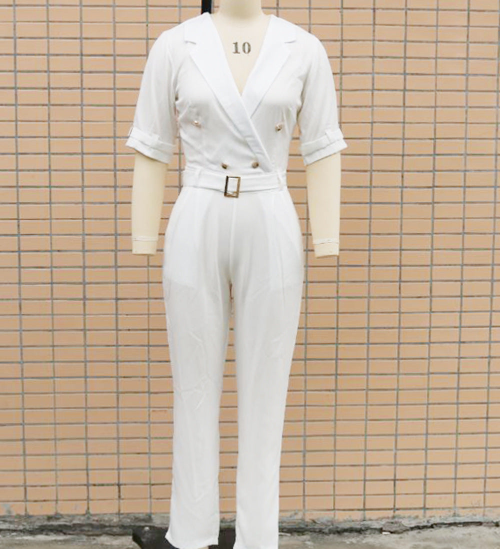 Spring/Summer Fit Turndown Collar Short Sleeve Professional Ol Jumpsuit 21