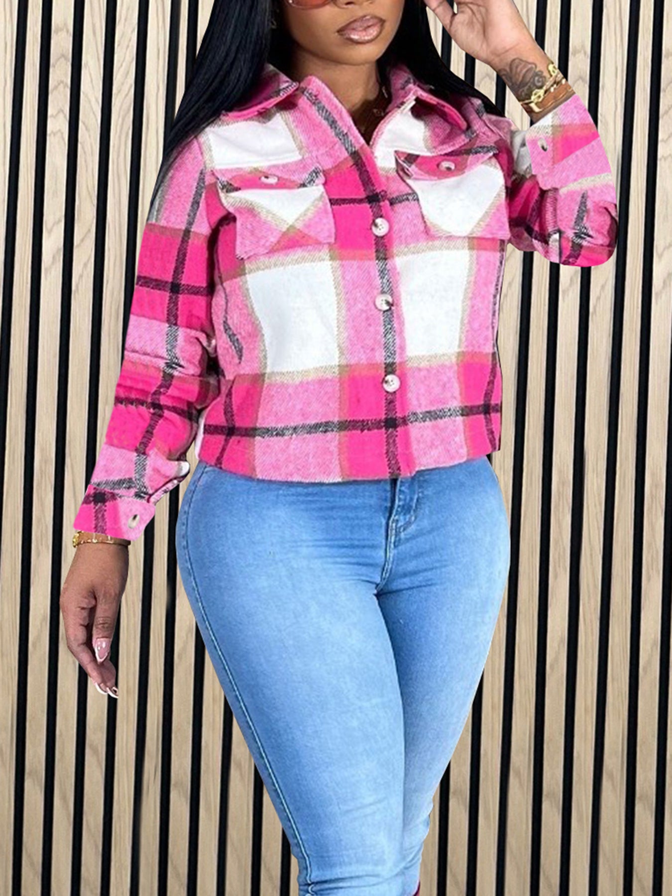 Women's Fashion Casual Plaid Shirt Coat 5