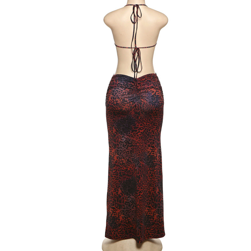 Women's Spring Halter Neck Tie Beaded Chain Slim Low Back Sexy Dress 28