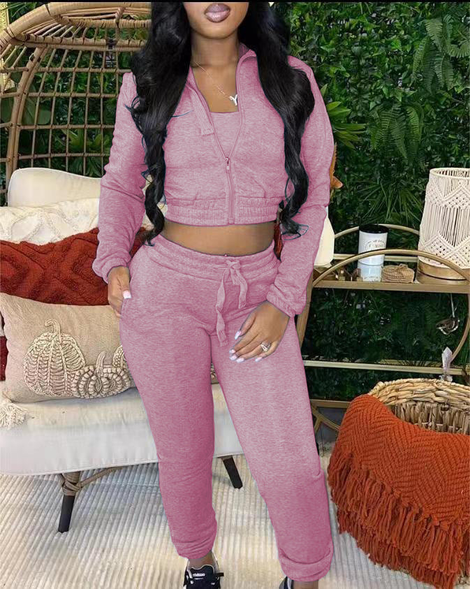 Women zipper Crop Top and Pant two-piece set 15