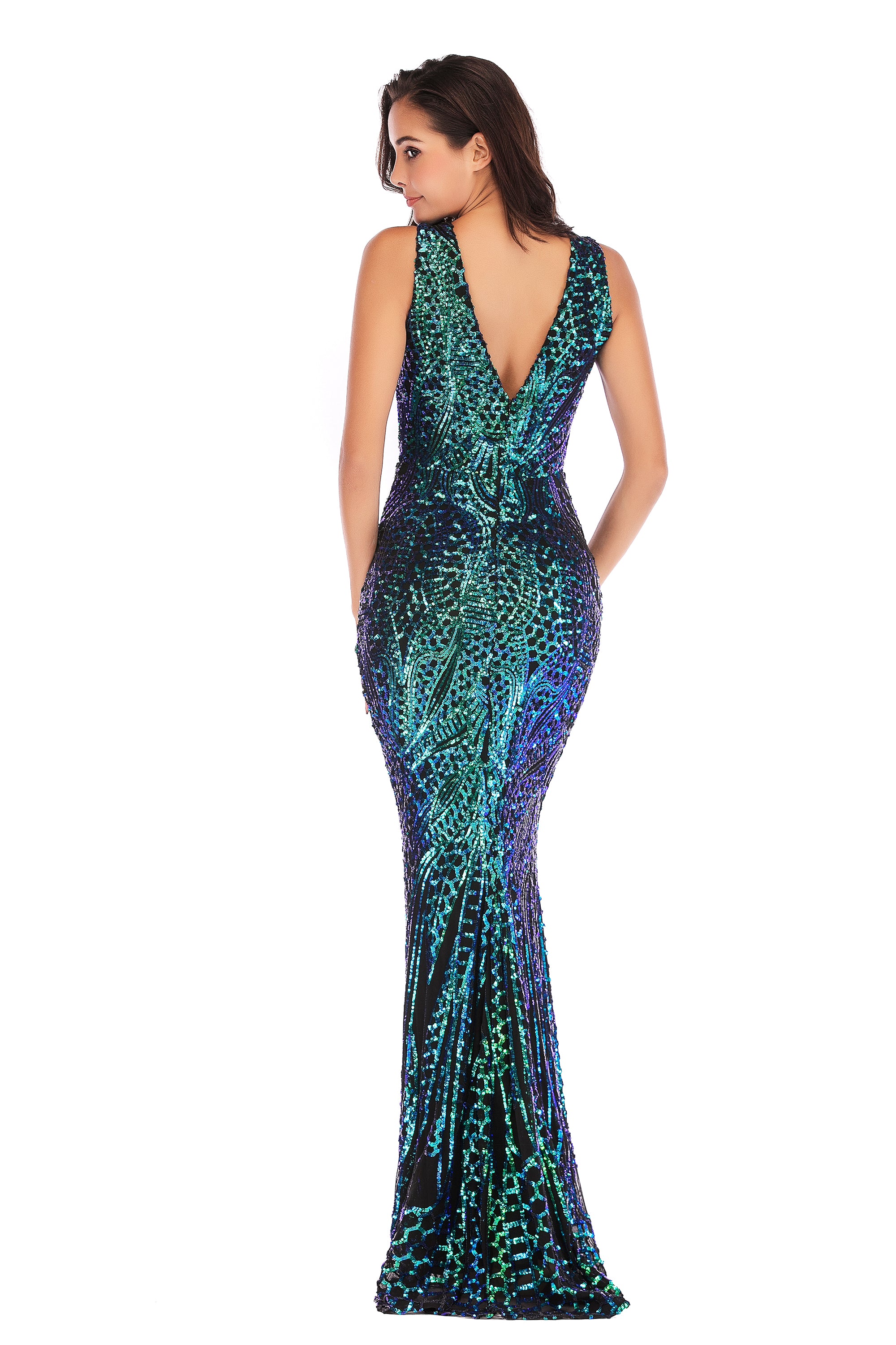 Sequins V-Neck Sleeveless Mermaid Evening Dress
