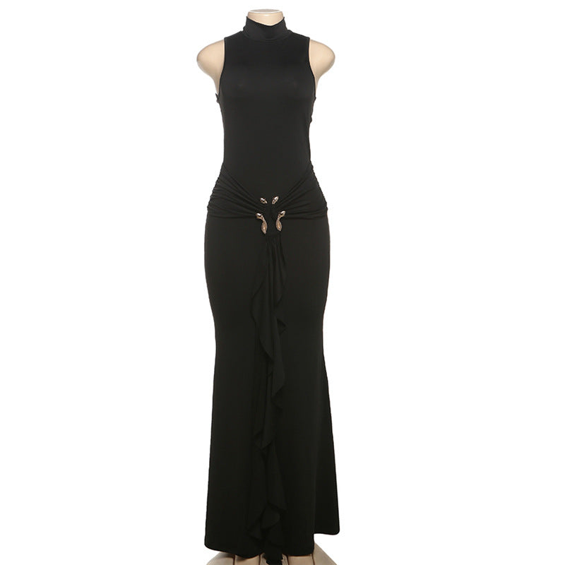 Fashion Women's Solid Color Semi-Turtleneck Metal Button Sleeveless Slim Sexy Dress 7