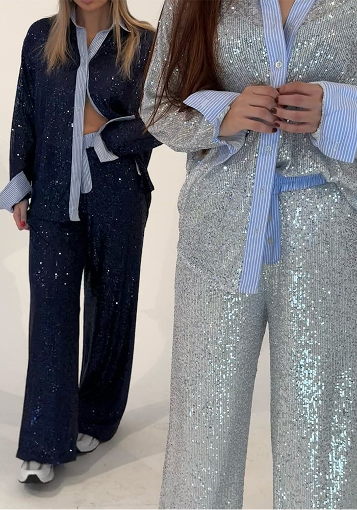 Women Casual Sequin Blazer and Wide-Leg Pants Two-Piece Set