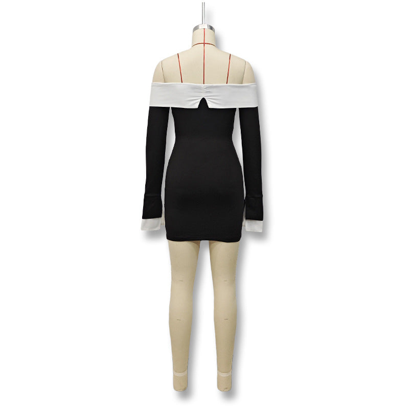 Women Fall Winter Contrast Color Off Shoulder Long Sleeve Bodycon Dress 8