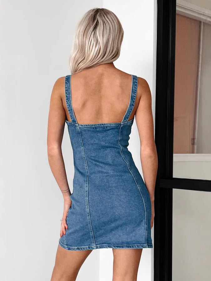 Summer Sweet Strap V-Neck Button Denim Dress 6