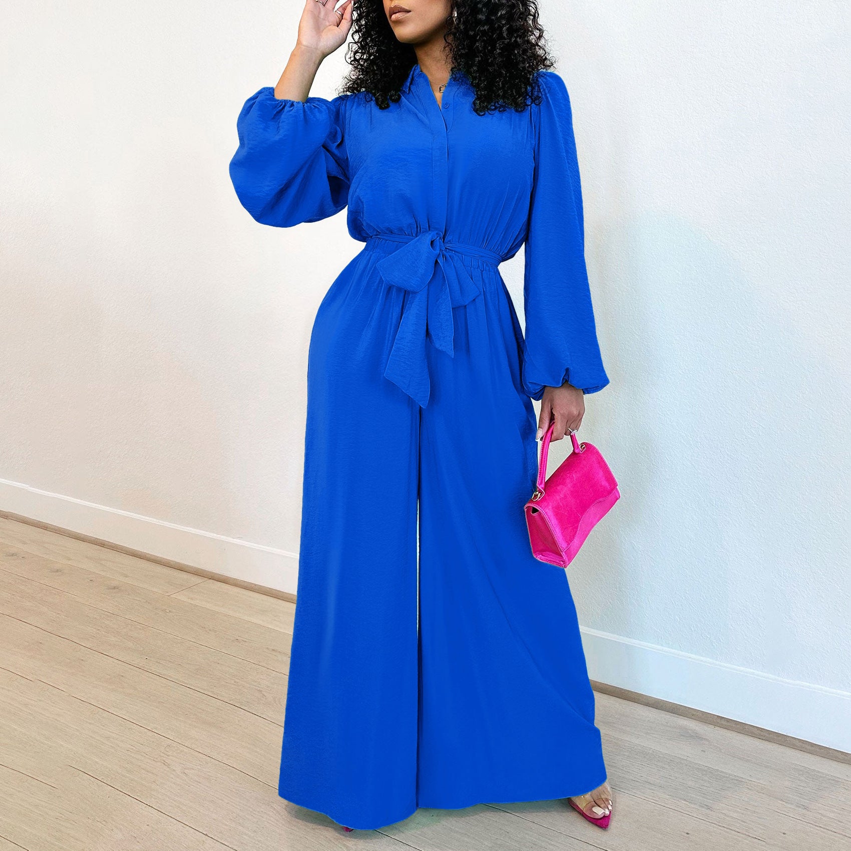 Women's Fashion Long Sleeve Solid Color High Waist Plus Size Loose Casual Jumpsuit 8
