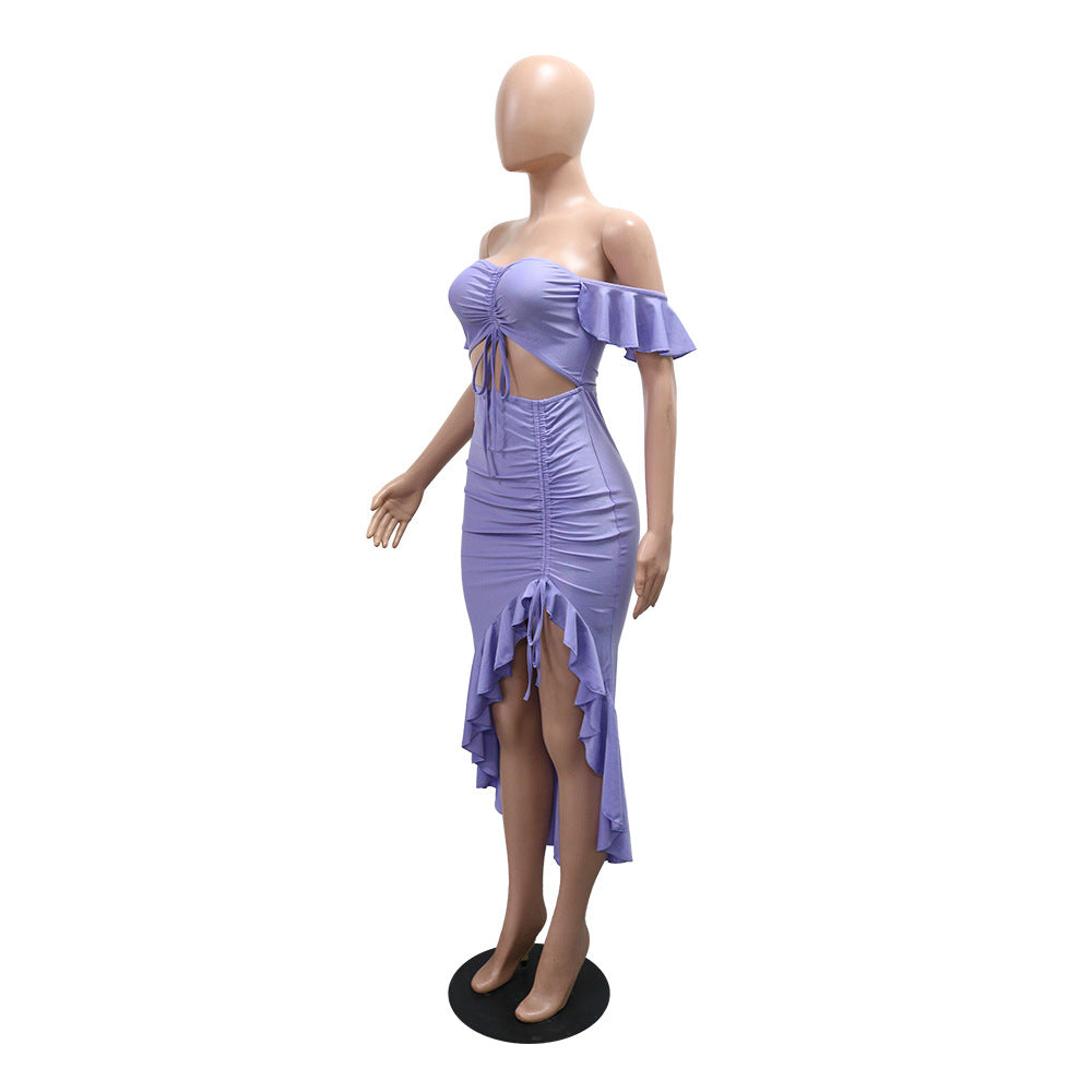 Off-Shoulder Slit Asymmetrical Dress Solid Color Sexy Gown 16