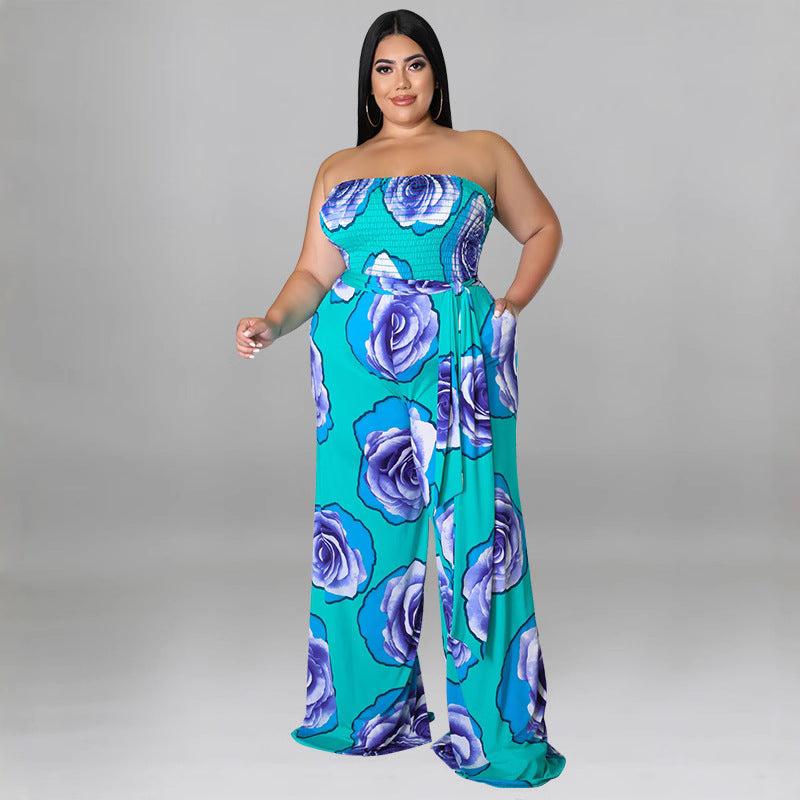 Plus Size Women summer sleeveless rose flower Strapless Jumpsuit 5