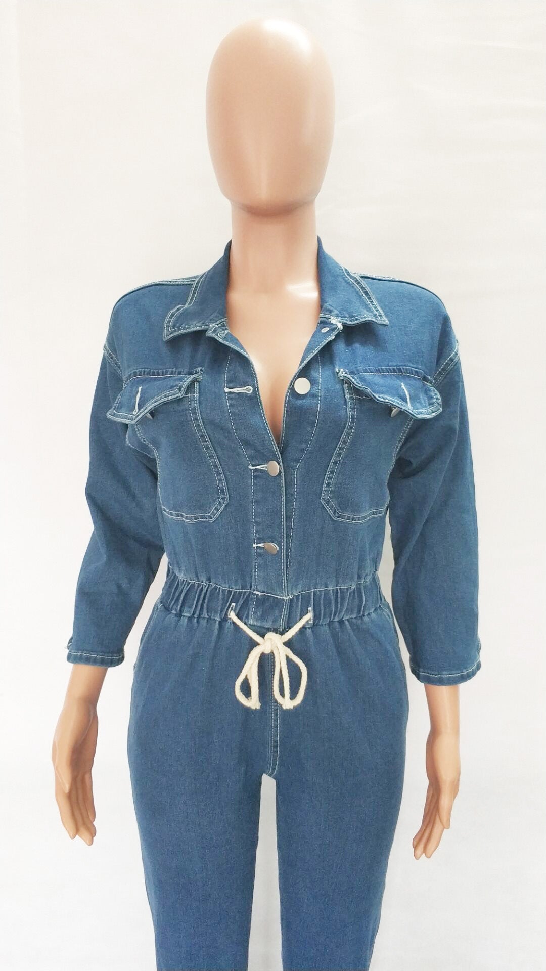 Women Casual Pocket Half Sleeve Denim Jumpsuit 9