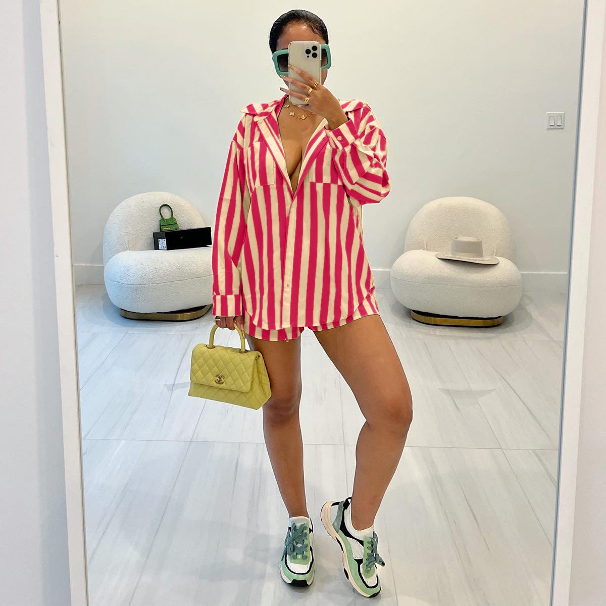 Autumn fashion striped shirt loose two piece women's clothing 3