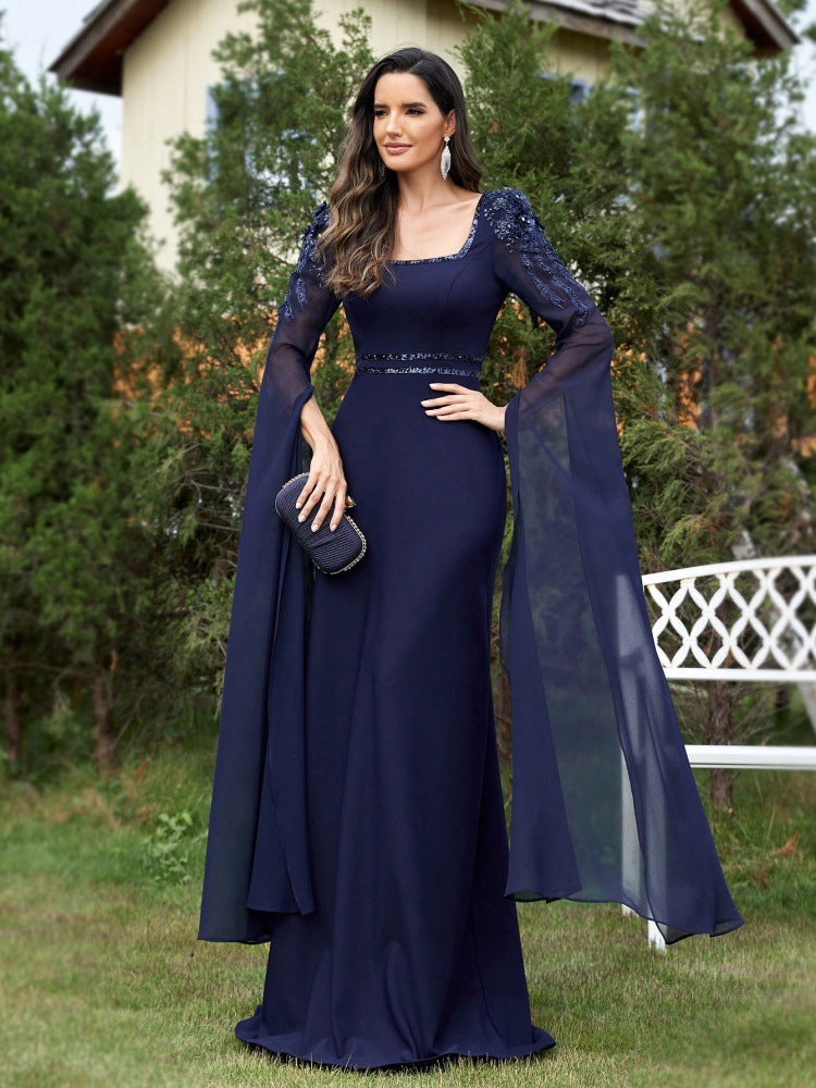 Women's Formal Cocktail Evening Chic Square Neck Long Sleeve Floor Length Chiffon Evening Dress 5