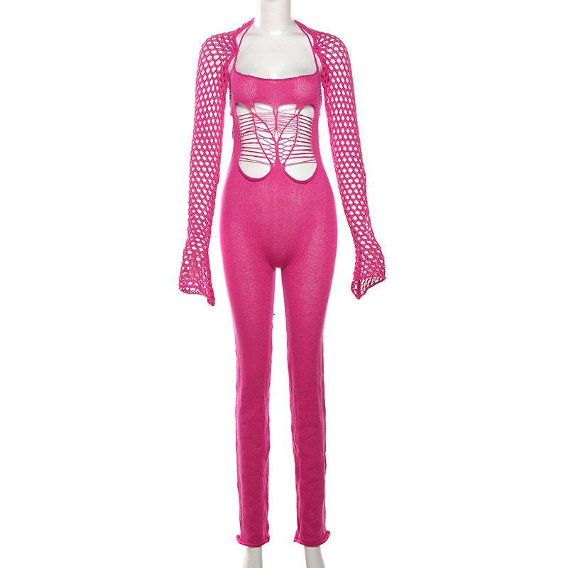 Spring Fashion Style Street Sexy Hollow See-Through High Waist Tight Fitting Low Back Jumpsuit 7