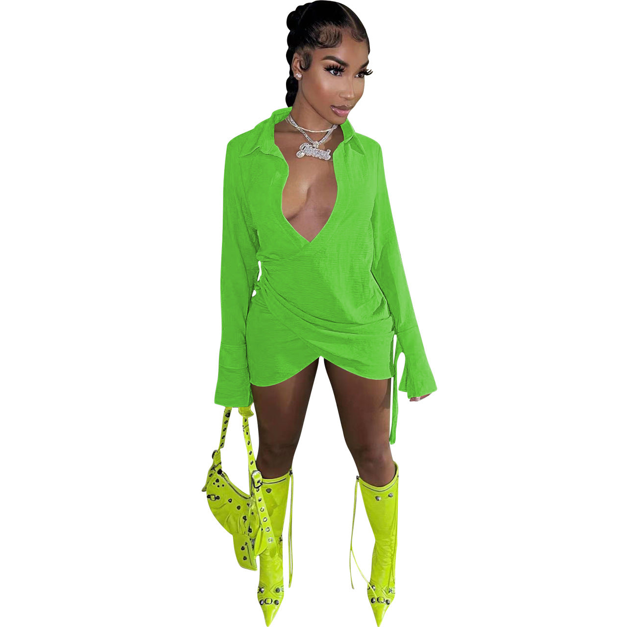 Ladies Fashion Cross Solid Shirt Dress 5