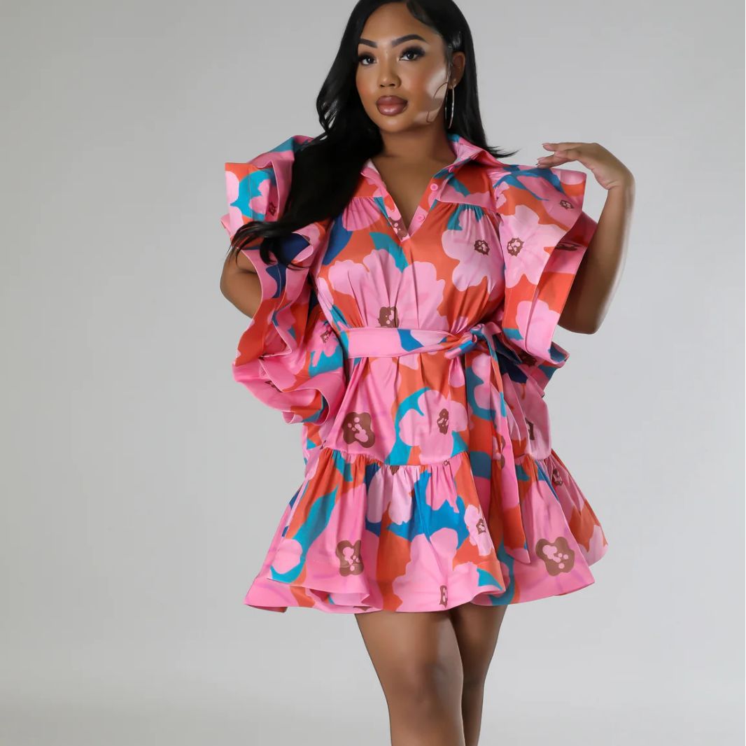 Women ruffled v-neck backless lace-up printed dress