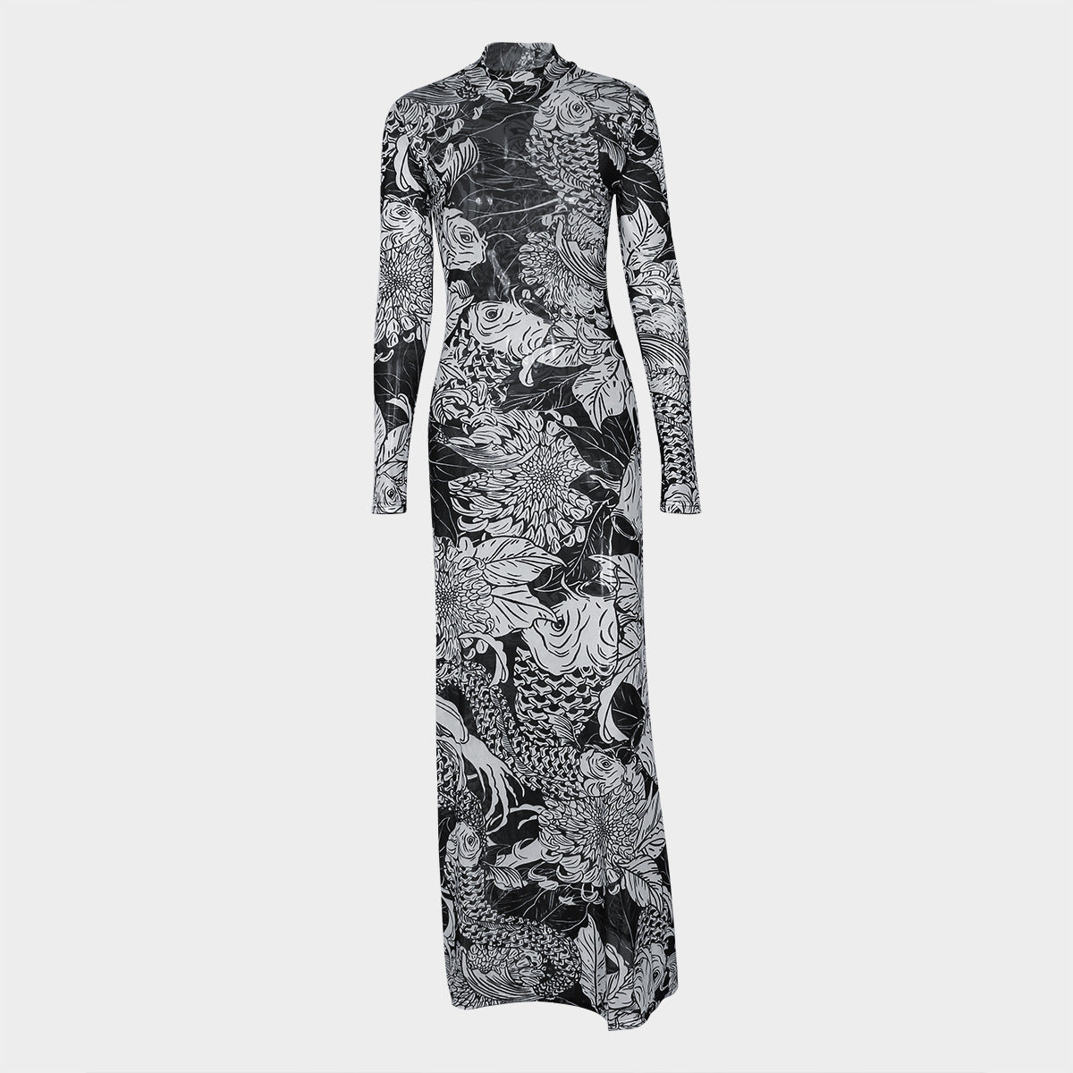 Women's Autumn Fashion Mesh Print See-Through High Neck Slim Fit Dress 10